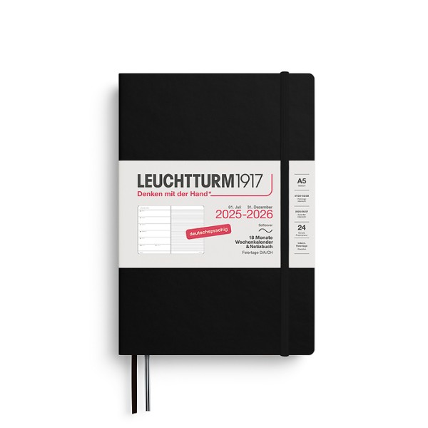 Wochenkalender & Notizbuch, 18 Monate, Medium A5 2026 softcover, Schwarz