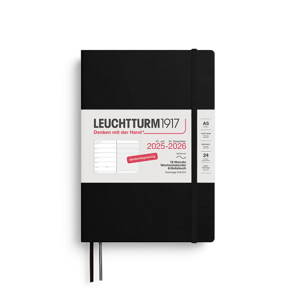 Wochenkalender & Notizbuch, 18 Monate, Medium A5 2026 softcover, Schwarz