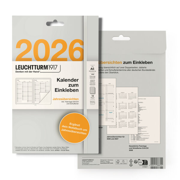 Kalender zum Einkleben 2026, Jahresübersicht, Deutsch