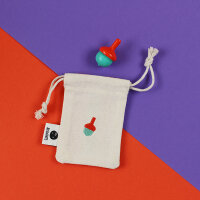 Holzkreisel mint/rot mit Stoffbeutel aus Baumwolle